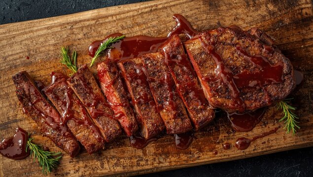 Top view of barbecue dry-aged wagyu tri-tip steak with BBQ sauce for dipping on a wooden cutting board, featuring blank space