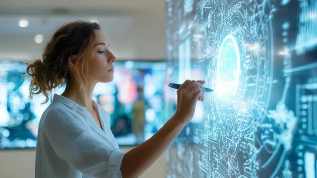 Focused female professional uses high tech transparent display to manipulate holographic graphics, information. Scene highlights innovation, digital transformation, smart technology in action