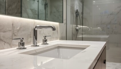 Fototapeta premium Chromed taps gleaming on a white quartz bathroom counter with a glass shower. Sleek, contemporary, elegant, upscale design