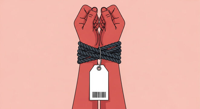 Human trafficking and the dehumanization of individuals, depicted through bound hands with a price tag