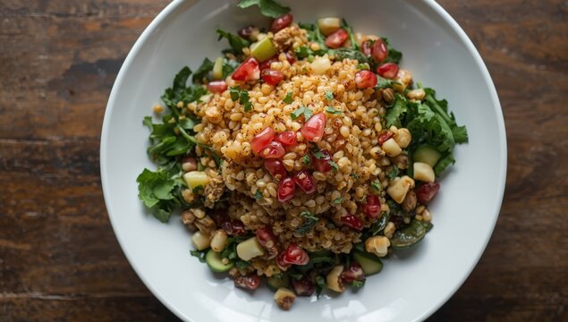 Close-up of flavorful vegetarian freekeh with pomegranate, nuts, and herbs on a plate, viewed from above