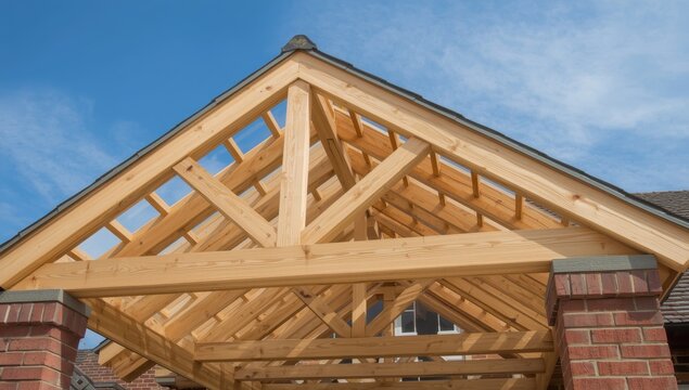A house being built features a wooden roof frame, sturdy brick supports, and a clear blue sky behind