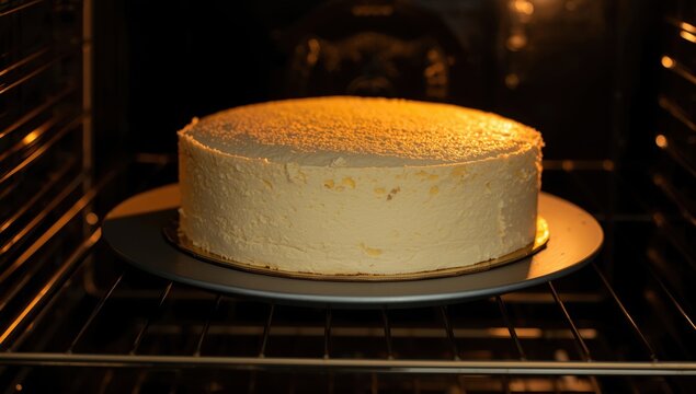 A newly baked sponge and chiffon cake, homemade and fluffy pound cake ready to be removed from the oven, illustrated step-by-step. A detailed view