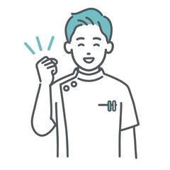 ガッツポーズで応援するケーシー白衣の男性看護師・医療従事者のイラスト（上半身）