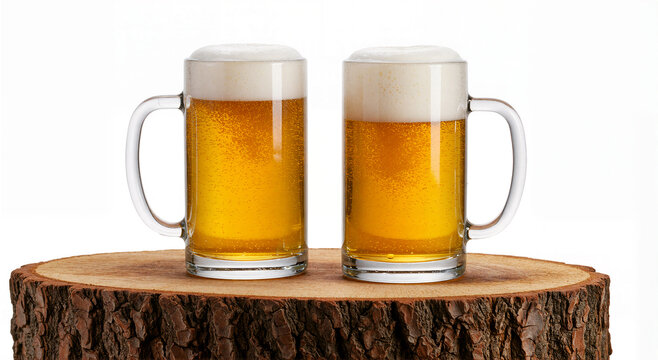 Duas canecas de cerveja gelada sobre base r&uacute;stica de madeira isolada