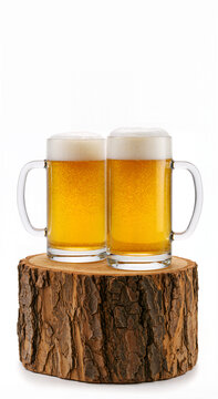 Duas canecas de cerveja gelada sobre base r&uacute;stica de madeira isolada