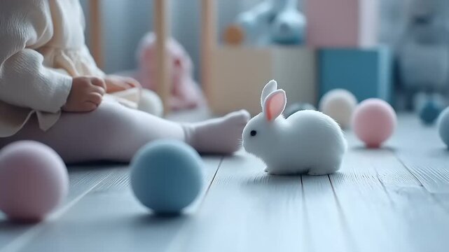 A child sitting on a white floor surrounded by pastel toys and a white rabbit figurine in a nursery