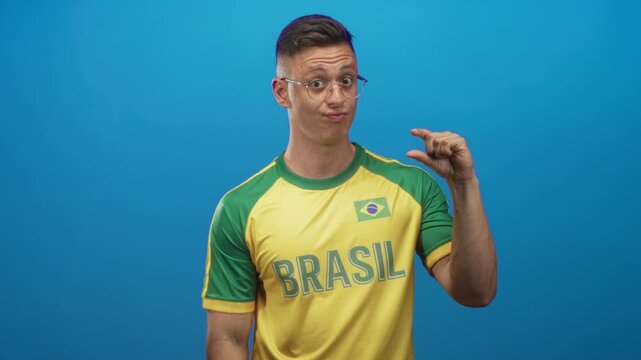 Man pinches fingers to show small size while wearing brasil soccer jersey and flag patch in studio with blue backdrop and lighting; teasing doubt.