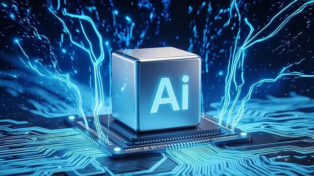 Futuristic AI chip with glowing 'AI' logo on circuit board, symbolizing artificial intelligence, machine learning, and next-gen computing technology.