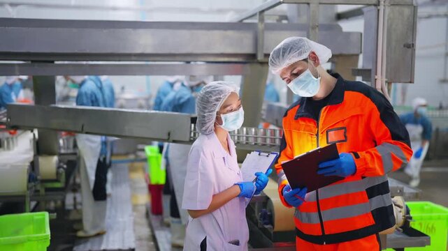 Factory supervisor reviewing quality inspection checklist with worker in seafood processing plant, industrial safety control and production monitoring workflow in modern food manufacturing facility