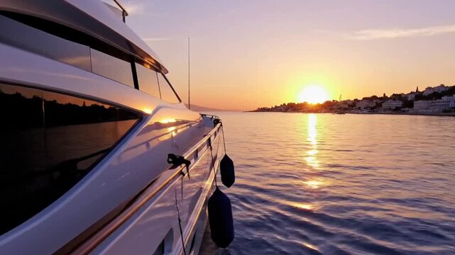 Luxury yacht sailing on calm water during a serene sunset with a coastal town in the background