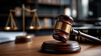 Wooden gavel resting on a legal desk in a law office interior, defocused bookshelf background, justice concept, legal proceedings, courtroom decisions, attorney workspace, with