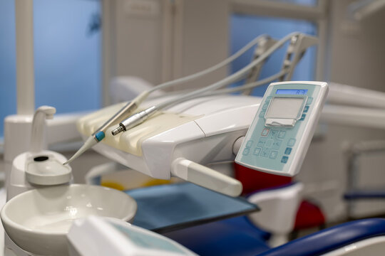 Dental instruments and modern equipment in a dentist office