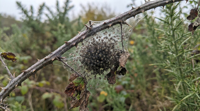 A dense cluster of newly hatched spiderlings emerges from their silk nest attached to a thorny branch in a natural outdoor setting.