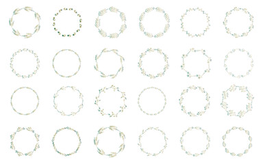 緑のグラデーションの手描きの植物ラインセット。