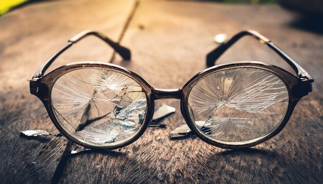 old generation of information ignored concept close up of broken old glasses on wooden table vintage tone