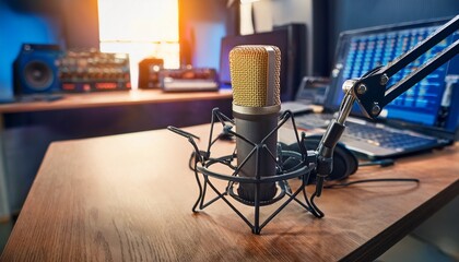 professional microphone in radio station studio on air