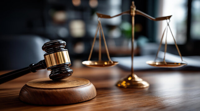 Wooden gavel and scales of justice on a polished desk, defocused background, law and legal system concept, court judgment symbolism, judicial proceedings, courtroom authority,