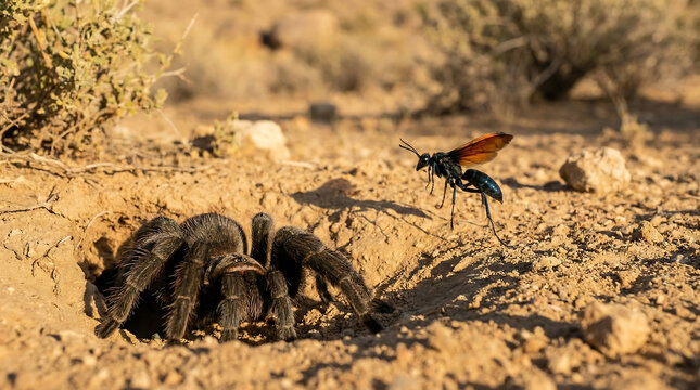 Tarantula Hawk Wasp Confronts Large Tarantula on Dry Desert Ground