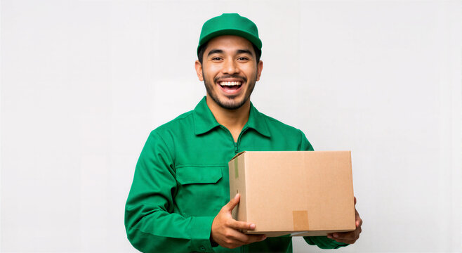 Entregador sorrindo segurando caixa de papel&atilde;o em retrato isolado de est&uacute;dio