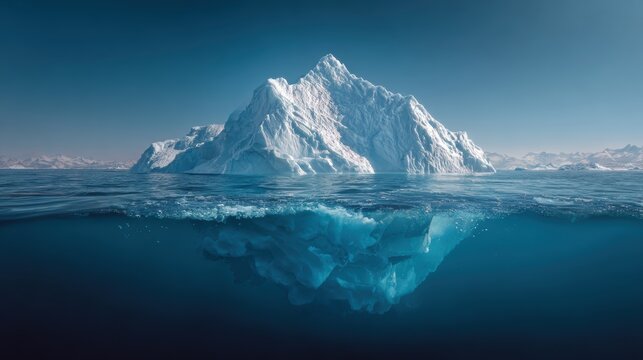 Winter season adventure exploration. A majestic iceberg floating in the ocean, surrounded by a vast expanse of blue water. The sky above is a brilliant blue, and the iceberg is a stark white.