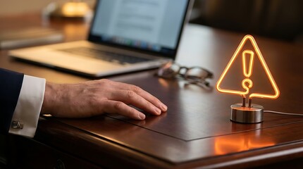 Businessman concerned about warning sign on office desk with laptop