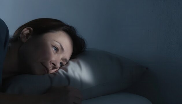 Woman lying awake in bed at night with blue light on face, insomnia and sleep anxiety concept in dark bedroom interior