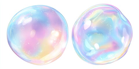 Two iridescent, translucent bubbles shimmer with pastel colors and subtle sparkles
