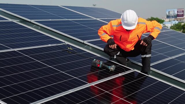 Technician installing solar panels on factory roof for green energy. A skilled technician in safety gear is working on a solar panel installation on rooftop. clean energy renewable power technology.