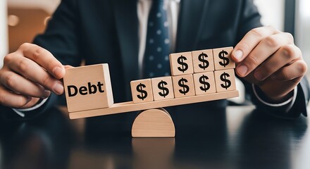 Businessman balancing debt and money on wooden scale