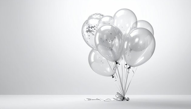A bunch of clear balloons, some filled with confetti, tied with ribbons, on white