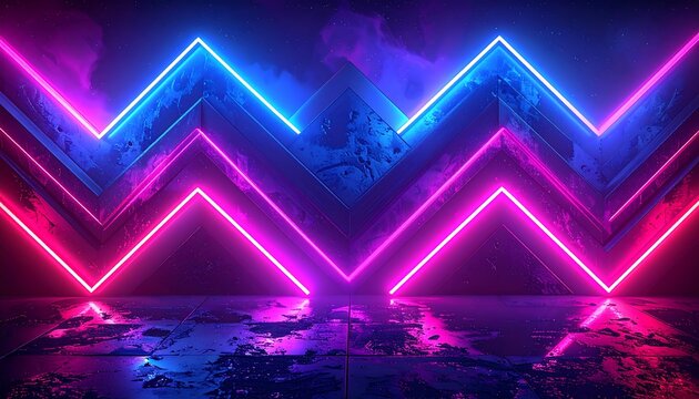 A dark room with neon pink and blue lights forming chevrons