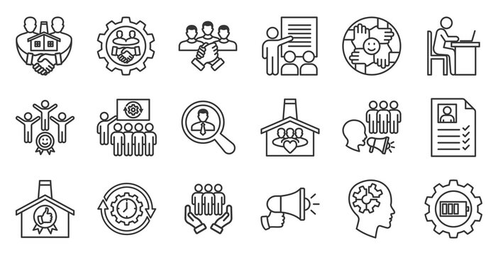 Onboarding outline icon set. Contain employee onboarding, new hire, training, orientation, documentation, process, compliance, time management, gap skill, evaluation, people engagement, communication