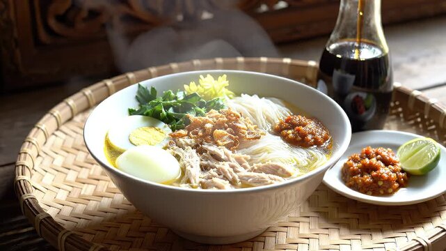 Authentic Indonesian Soto Banjar Noodle Soup with Boiled Eggs, Shredded Chicken, Herbs, and Side of Soy Sauce and Chili Sambal