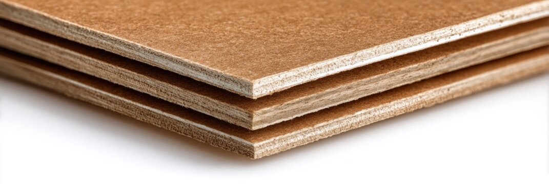 Stack of three raw, unfinished wood composite boards, showing layered texture
