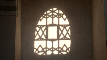 A detailed view of an ornate geometric patterned window casting a bright, intricate shadow on a dark interior wall.