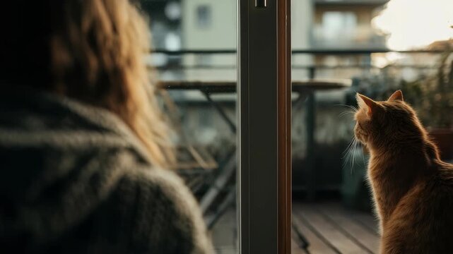 A serene moment unfolds as a person and their cat share a peaceful gaze toward the city from inside their home. Warm tones and gentle lighting create a tranquil, introspective mood