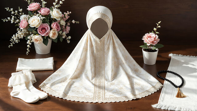 Elegant white Muslim prayer outfit (mukena) with matching socks, prayer beads, and mat, surrounded by flowers on a wooden table.