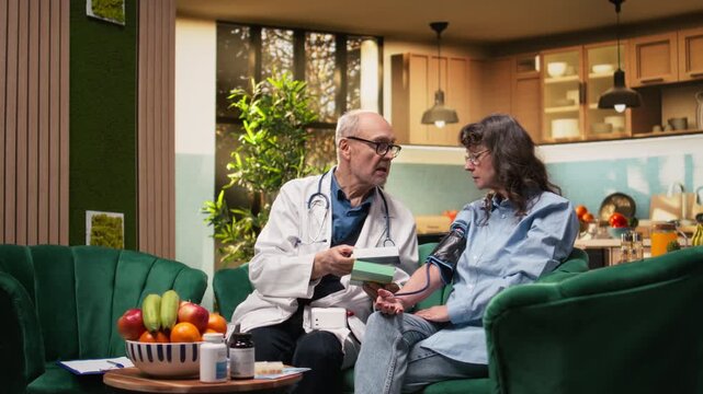 Elderly medic checks blood pressure with BP monitor and cuff, elderly assistance and routine checkup for a senior woman at her house. Home care exam of vital signs, electronic pulse pressure.