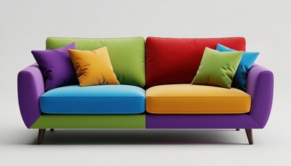 Fototapeta premium Chromatic Comfort: A vibrant, colorful couch with coordinating throw pillows makes a bold statement in home decor. 