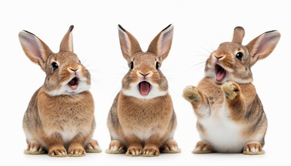 Fototapeta premium Expressive Bunny Trio: Three adorable bunnies, each with a unique expression, stand in a row. They evoke a sense of playfulness and curiosity.