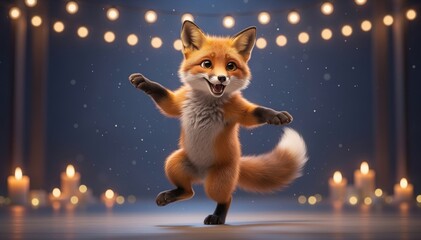 Fototapeta premium Enchanting Fox Performance: A charming fox, embodying playful innocence, dances with joyous abandon under a canopy of twinkling lights. Amidst soft candlelight.