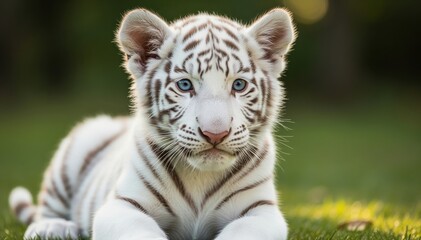 Obraz premium Adorable White Tiger Cub: A captivating portrait of a white tiger cub, its mesmerizing blue eyes gleaming with curiosity as it rests peacefully on a bed of green grass.