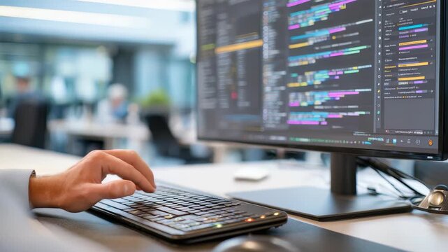 A focused programmer is actively coding on a desktop computer, with colorful lines of code visible on the screen. The contemporary office environment suggests productivity and innovation