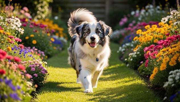 Energetic Dog in Blooming Garden: A joyful dog bounds towards the camera along a manicured path, flanked by vibrant flowerbeds in a lush garden setting.