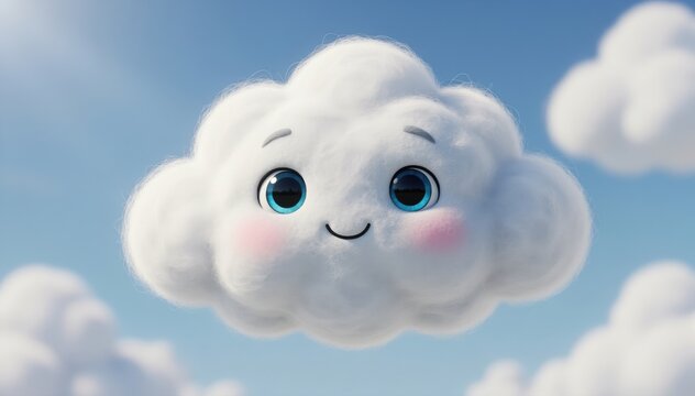 Cloud's Friendly Smile: A cheerful cloud with a welcoming smile and adorable features floats gently against a backdrop of the sky, it's a scene of innocent joy and dreamy optimism. 