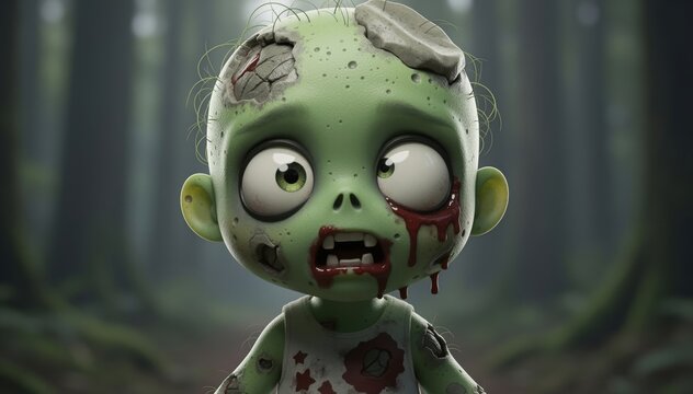 Little Zombie's Forest Stroll: A cute cartoon zombie emerges from a misty forest, his eerie gaze and wounds giving an idea of his situation, blending innocence with a bit of a thrill.