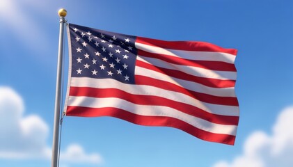 American Flag in the Wind: The American flag flutters proudly against a vibrant blue sky with a few clouds, symbolizing the spirit of freedom and national unity.