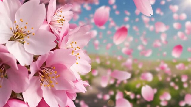 Close-up of vibrant pink cherry blossoms with a flurry of falling petals against a beautiful spring sky