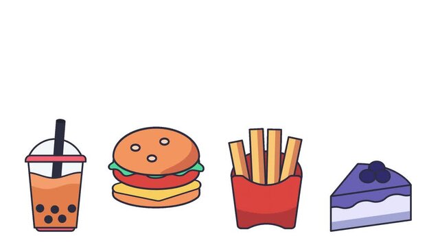 A digital illustration of a row of fast food items including bubble tea, a hamburger, french fries, and a slice of cake on a white background. Perfect for food blogs, restaurant menus